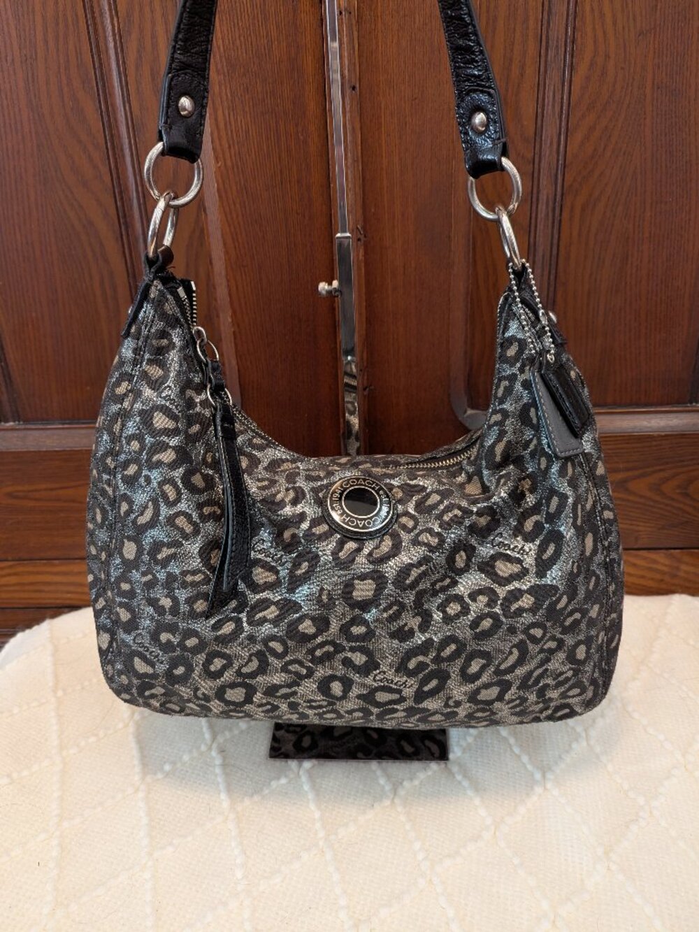 Coach Leopard Ocelot Metallic Hobo Handbag h1275-f21063 Black Silver Gray Purse